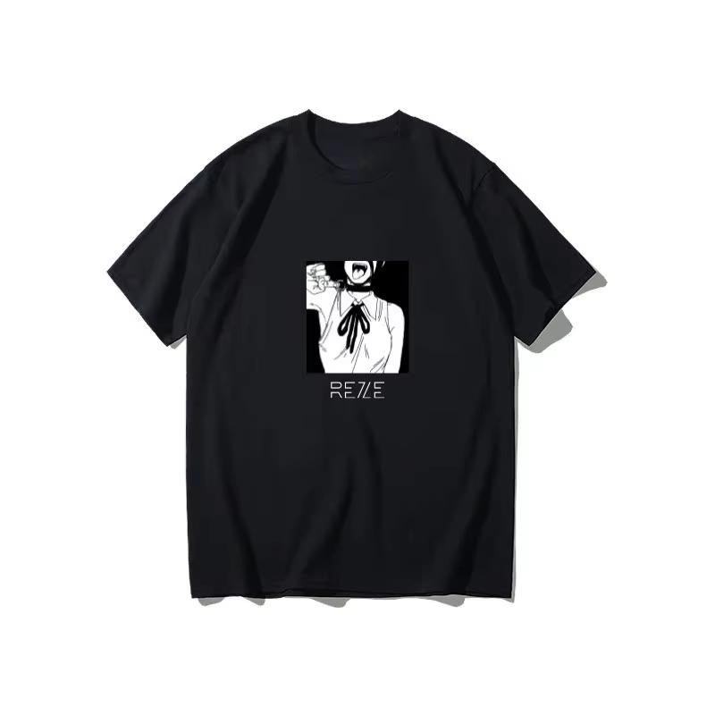 2025 Zimní a podzimní tričko s motorovou pilou Merch Ďábel Bomba Reze Krátký rukáv Anime Japonský styl Černé tričko Oblečení