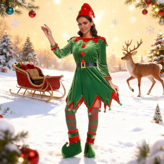 Kids Christmas Elf Costume Green Velvet Dress with Hat Shoes & Accessories for Boys Girls Holiday Play Outfit for School Performances Parties