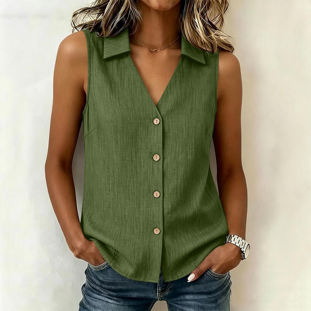 Women's Summer Sleeveless Button Front Shirt V Neck Collar Casual Loose Fit Lightweight Blouse for Everyday Wear