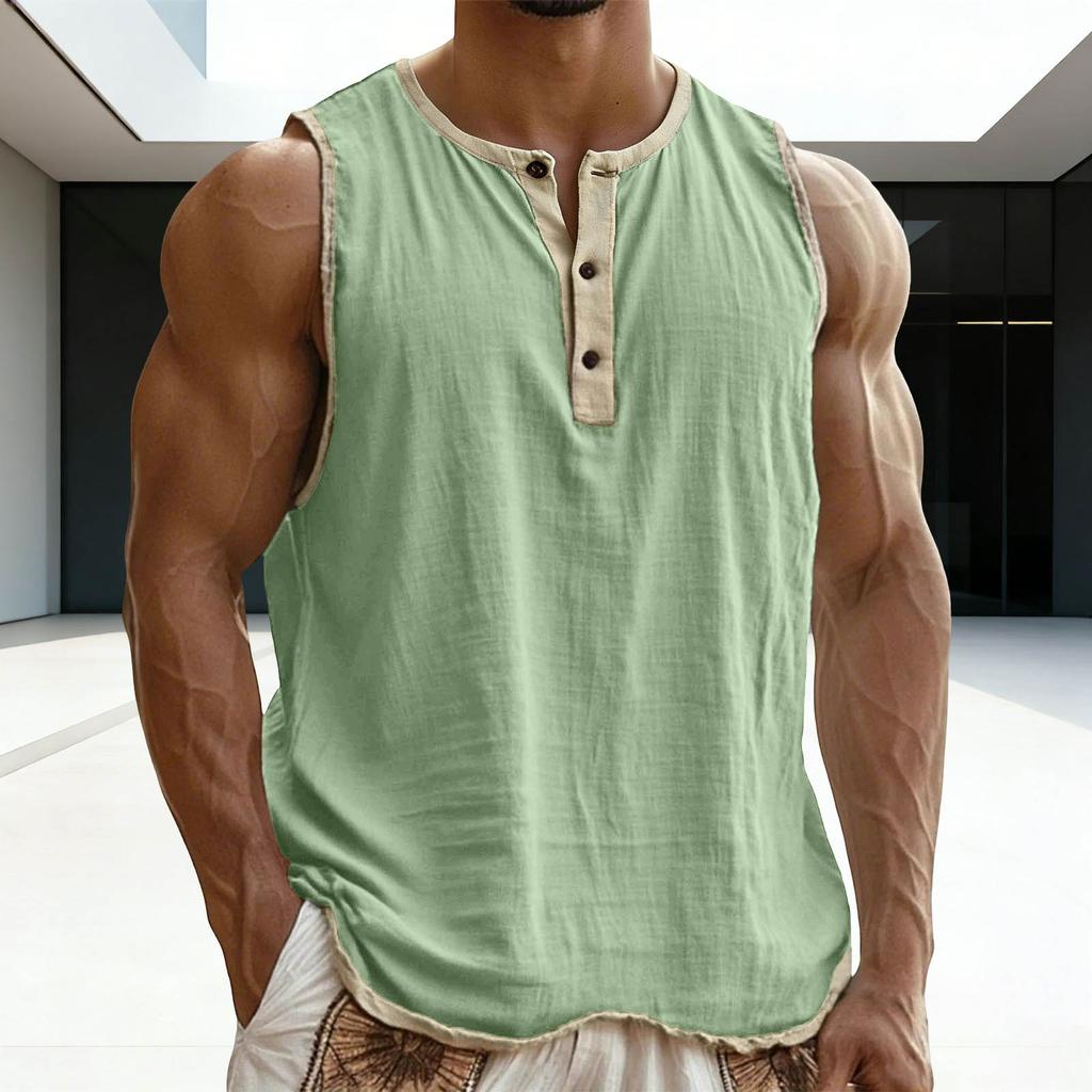 Men Color Block Sleeveless Muscle Workout Gym Shirts Casual Button Down Slim Fit Tee