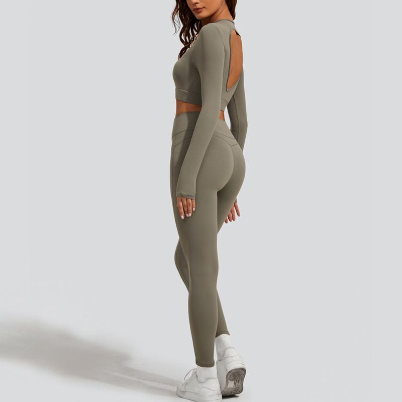 Autumn and winter nude high-waisted yoga clothes long-sleeved suit women's high-end beauty back fitness running slim two-piece set
