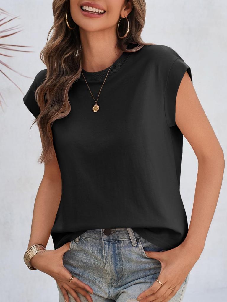 Women's Cotton Cap Sleeve Tank Top Crew Neck Loose Fit Summer T Shirt