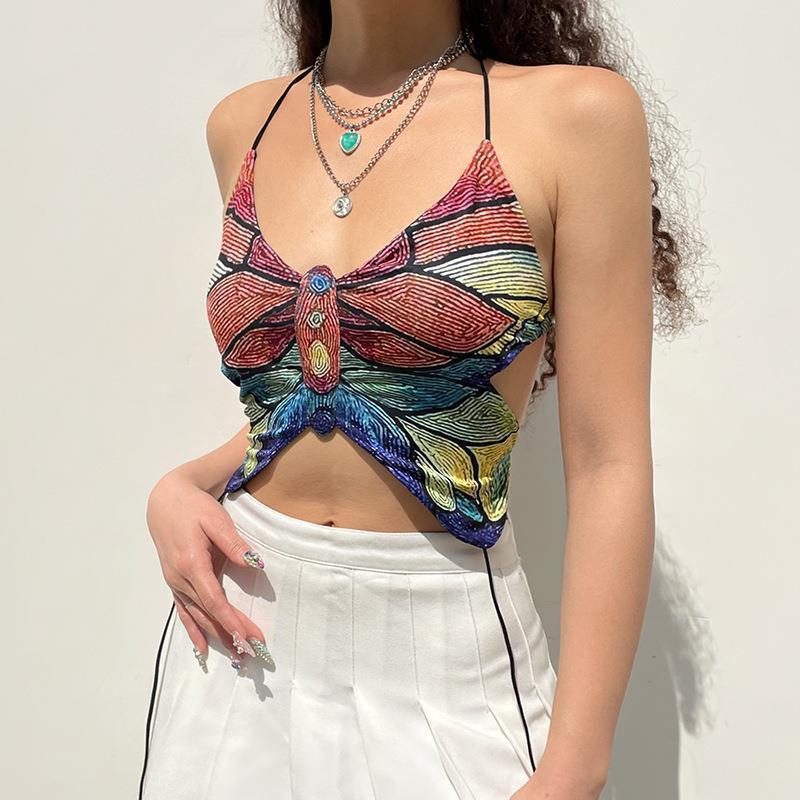 Butterfly Crop Tops Backless Strap Camis Sexy Tank Tops T Shirt Backless Short Clothes Aesthetic Lady Vest Streetwear