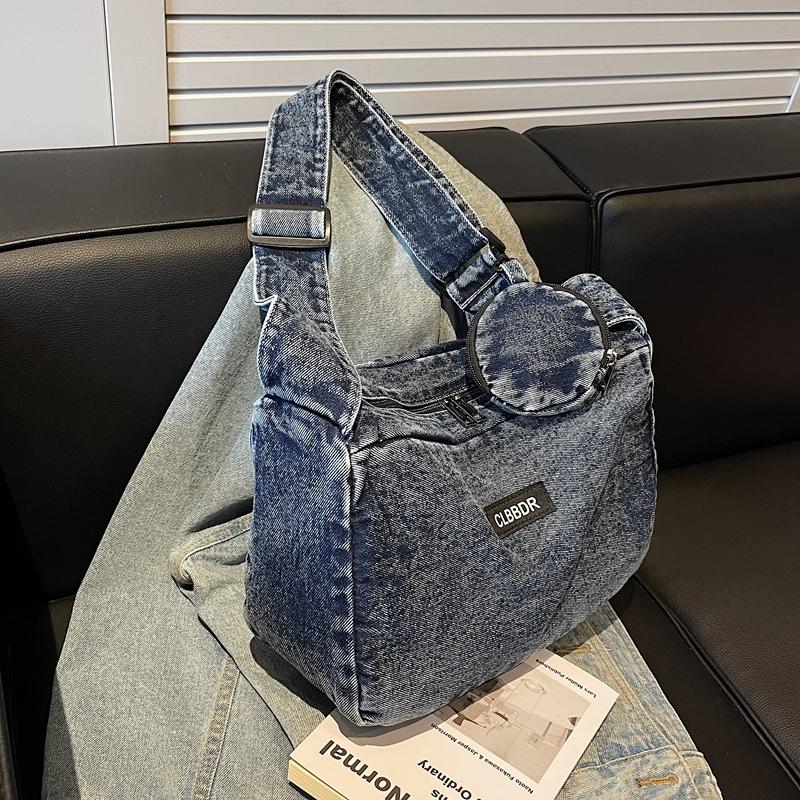 Solid Color Crossbody Bag Underarm Bag Women Denim Bag Commuter Shoulder Bag