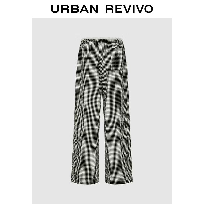 UR2026 Women's Casual Plaid Wide-Leg Pants with Lace Trim