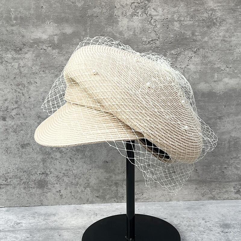 Elegante Netz-Perlen-Baskenmütze Schiebermütze Japanische Faltenkappe Damen Sommer-Ausflug Sonnenschutz-Strohhut Nischen-Reithut
