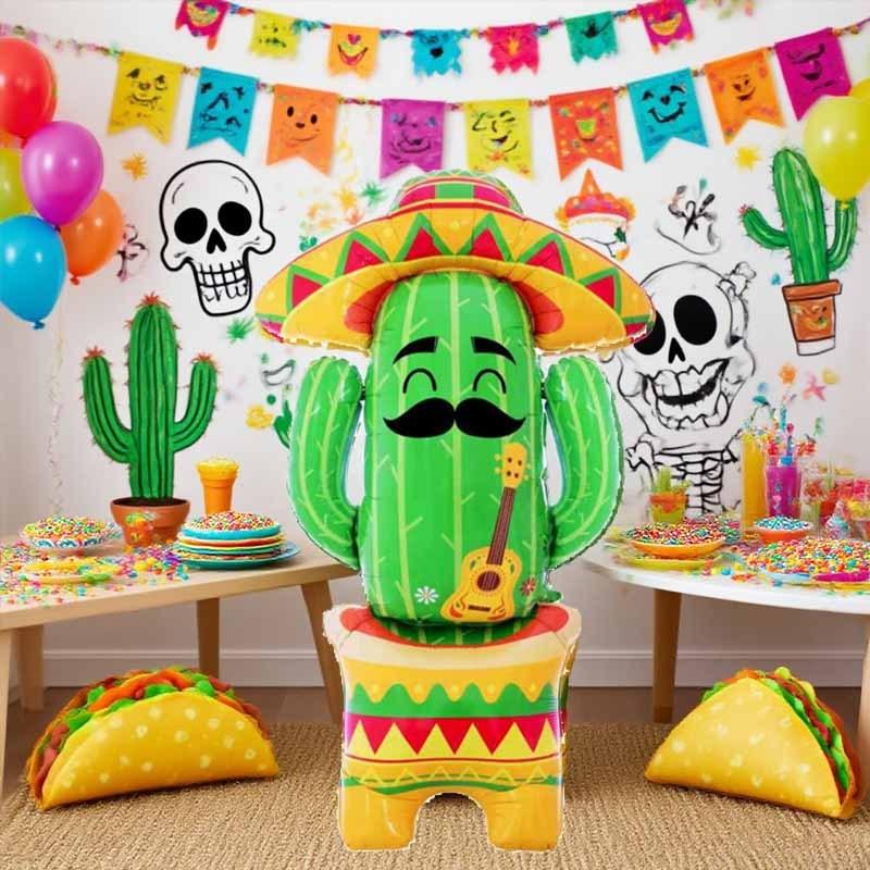 1pc 61-inch Standing Large Base Flowerpot Cactus-Shaped Balloon Mexican Theme Party Atmosphere Decoration Festival Supplies