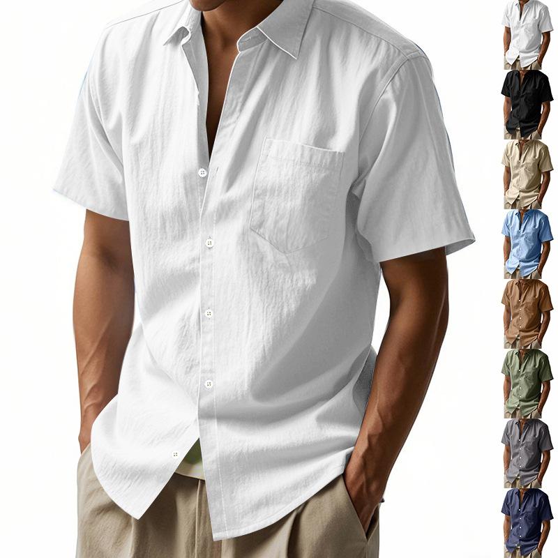 2025 Summer Men Short Sleeve Shirt Men Solid Color Patch Pocket Shirts Male Loose Lapel Linen Shirt Men Formal Beach Shirt