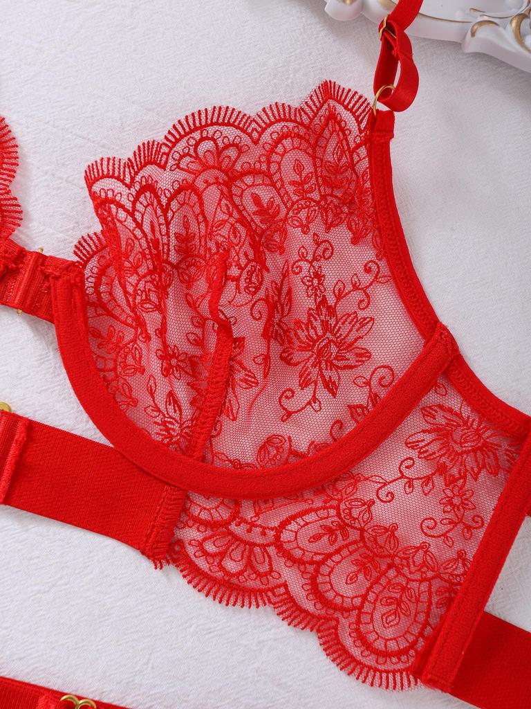 2024 European & American Sheer Embroidery Eyelash Lace Shaping Lingerie Set - 4 Piece