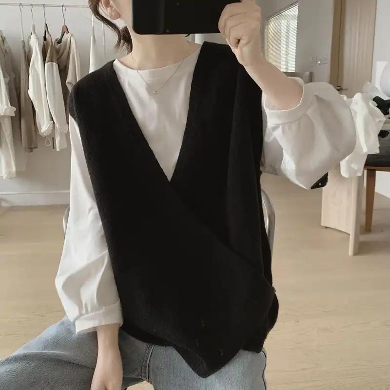 Vest for Women V-neck Sleeveless Tops Knitted Sweater Vest Oversize Loose Fit Loose Pullover Casual Versatile Sleeveless Sweater Vest