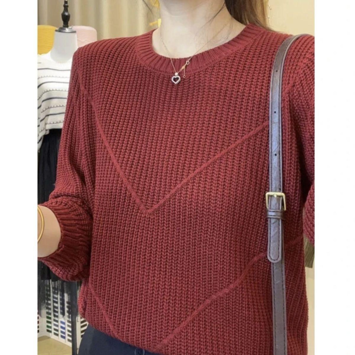 

Осень/Зима Женский Толстый Вязаный Свитер Однотонный С Круглым Вырезом Свободный Свитер Универсальный Базовый Свитер S красный