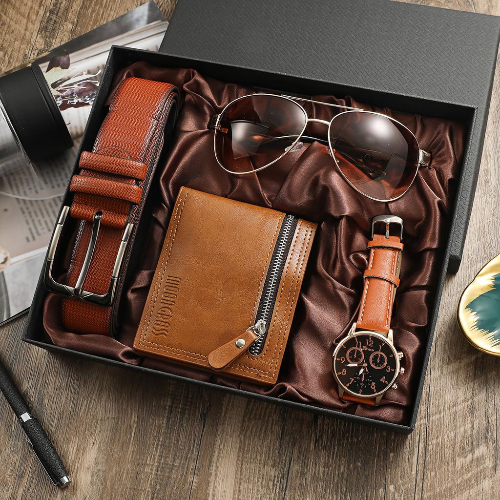 Fashion Luxury Gift Business Box Belt Wallet Glasses 4pcs Set Leather Wristwatch Quartz Men's Watches Set for Men