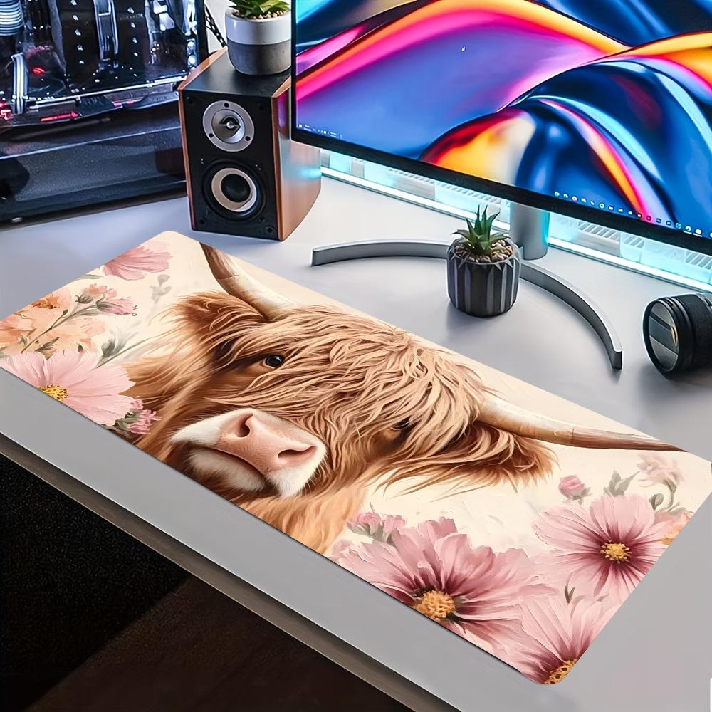Large Extended Highland Cow Floral Mouse Pad Thick Non‑Slip Rubber Mat For Precise Mouse Control Gaming Laptop Computer Desktop