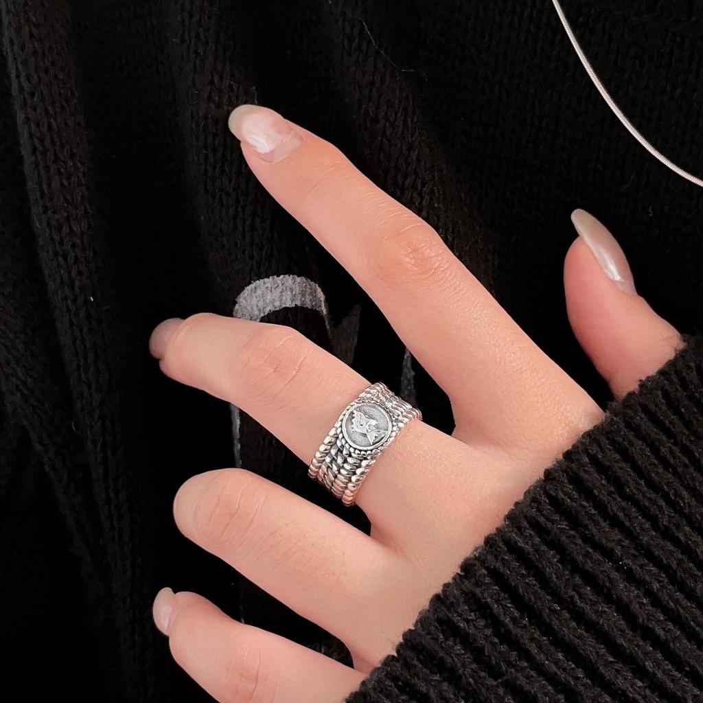 Yinruitai S925 Sterling Silver Wide Band Ring: Women's Retro Fashion Open Finger Ring, Trendy Index Finger Accessory.