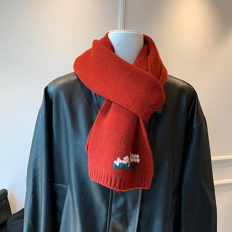 Korean 111 Embroidery Flowers Autumn and Winter Warm Premium Atmosphere Knitted Scarf Atmosphere Scarf