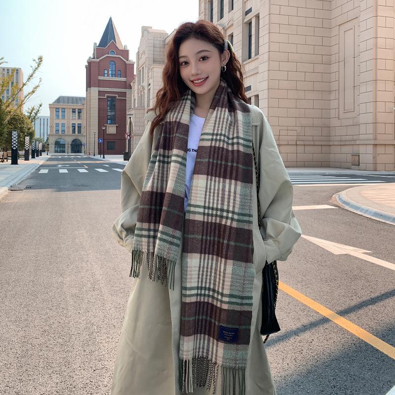 Luxury Autumn Winter Korean Plaid Scarf Women Thickening Warm Tassel Shawl Cashmere Muffler Fashion Designer Scarves