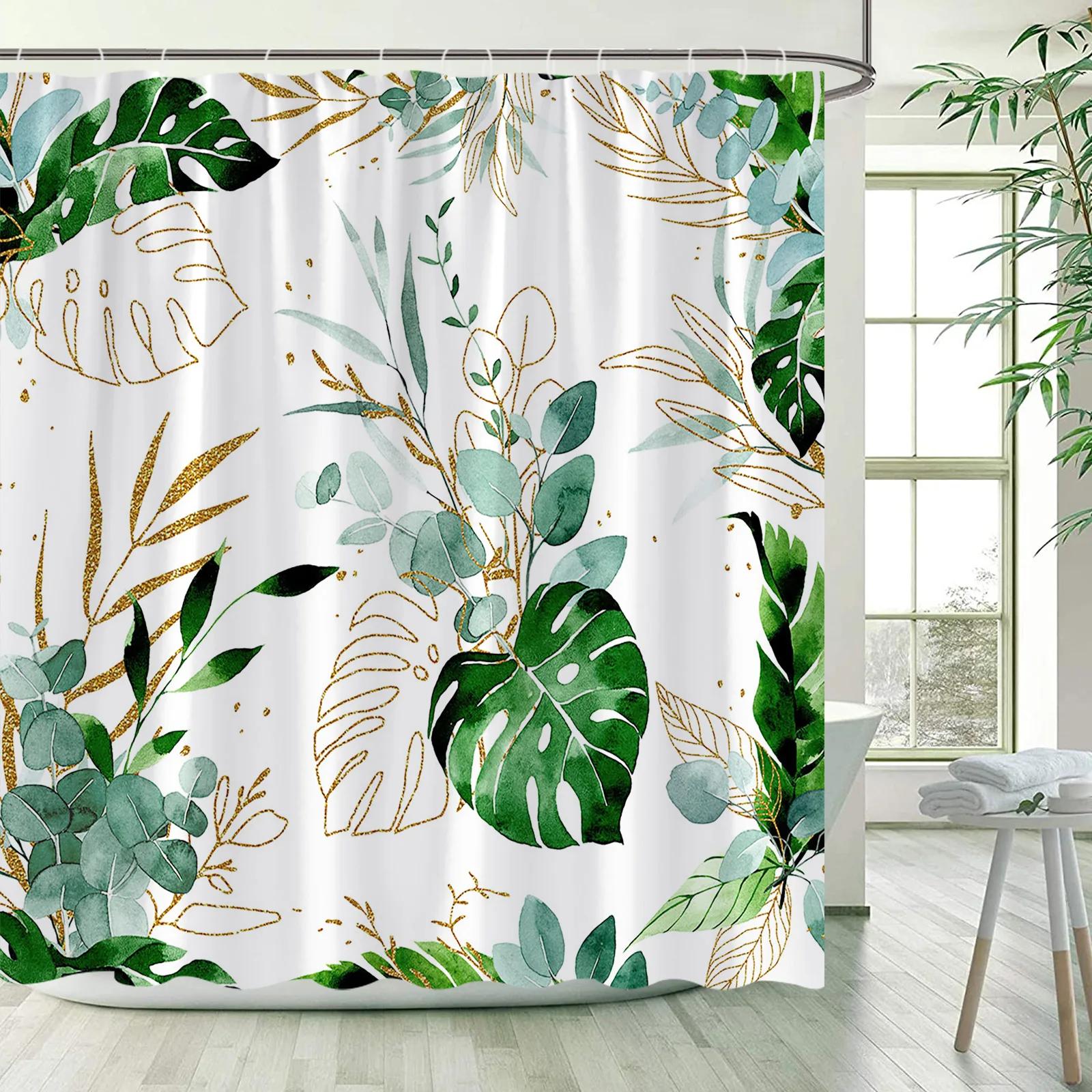 

Занавески для душа с тропическими листьями, зелеными пальмовыми листьями, бананом, монстерой, растениями джунглей, гавайским современным декором из полиэстера для ванной комнаты 180x200cm-70x78in