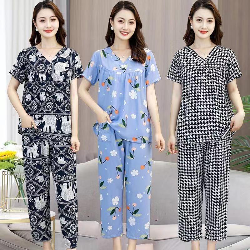 Damen Viskose Pyjama Set: Baumwoll- und Seidenmischung, Kurzärmeliges Oberteil, Lange Hose, Ideal für Mittelalte & Ältere, Sommer-Hauskleidung.