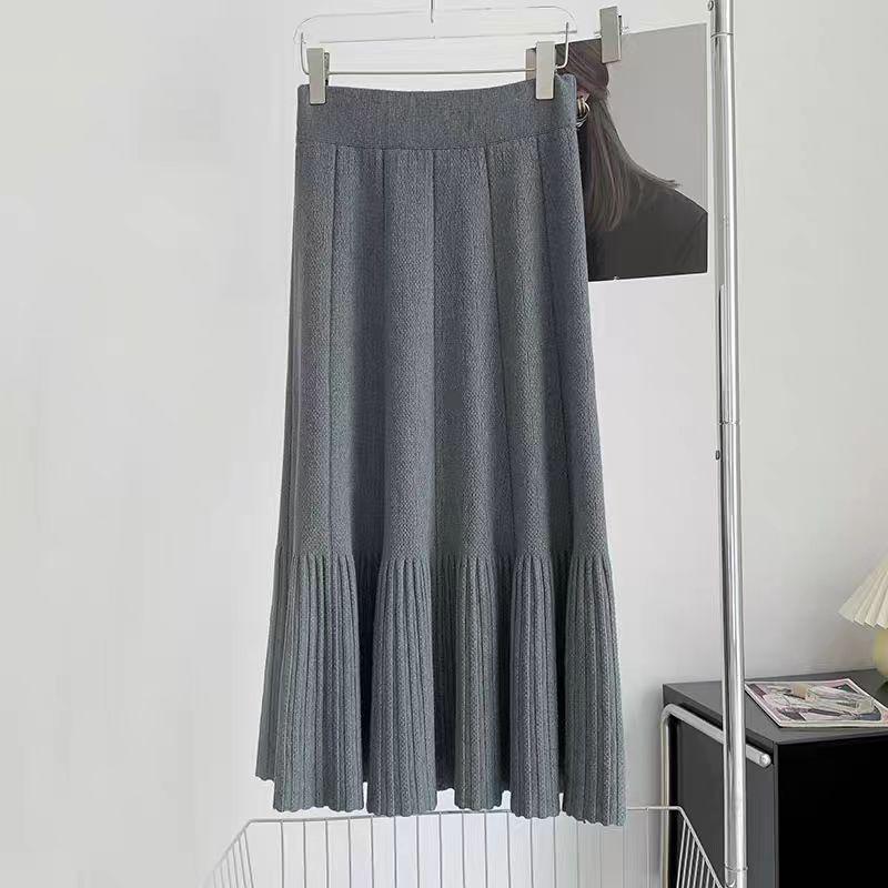 Women's Autumn/Winter 2025 High Waist Knitted Pleated Midi Skirt - Petite A-line Slimming Design