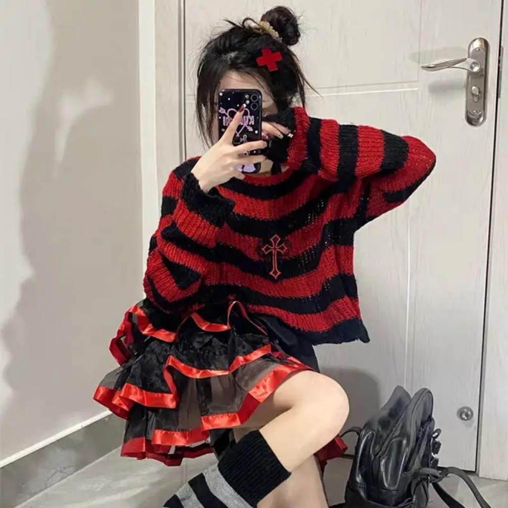 Striped Gothic Sweaters Women Ripped Holes Loose Knitted Pullover Frayed Fairy Grunge Jumpers Streetwear Lolita