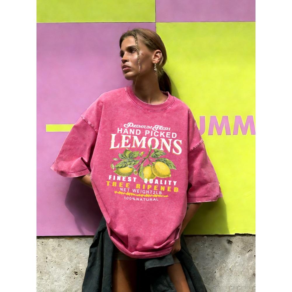 Fresh Hand Picked Lemons Print Washed T-Shirt Women Summer Casual T Shirt Cotton Loose Short Sleeve O-Neck Clothes