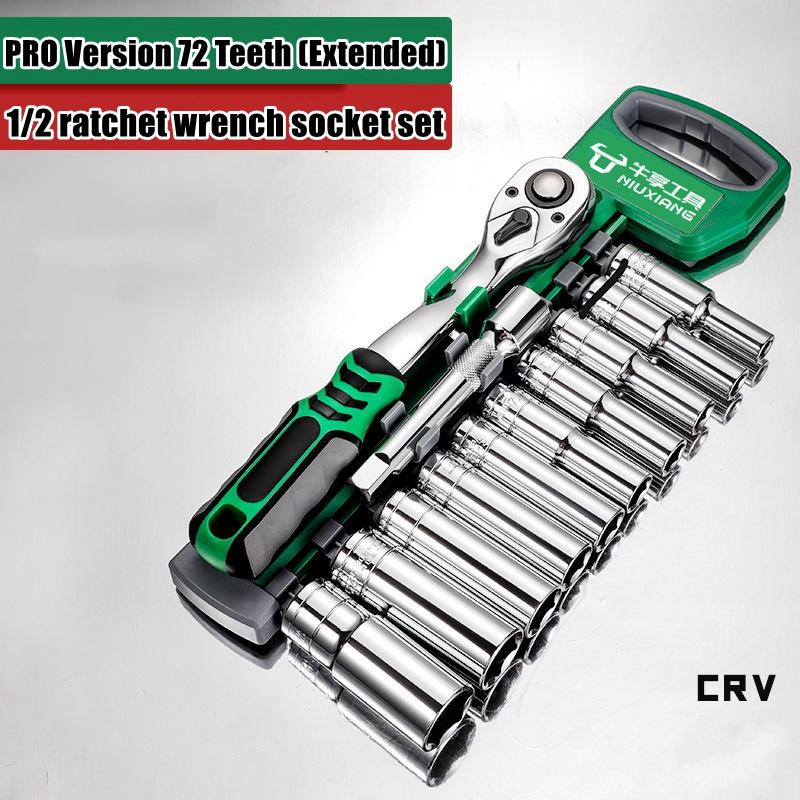 Drive Socket Set 1/4"-3/8"-1/2",CR-V Metric and Imperial Sockets with Quick-Release Ratchet Wrench,pro model 72 teeth, Sockets