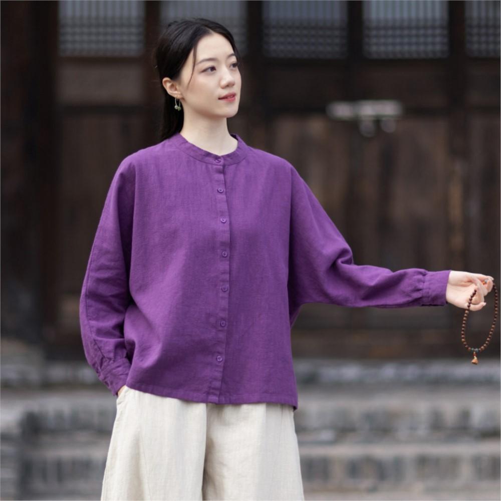 Johnature Women Vintage Shirts Tops Spring Chinese Style Stand Long Sleeve Solid Color Loose Shirts