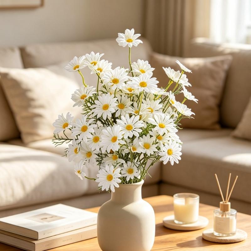 Decorative Flower Daisy with White and Yellow Color, Set of 8 for Vase Placement, Shelf Display, Room Styling and Party Table Use