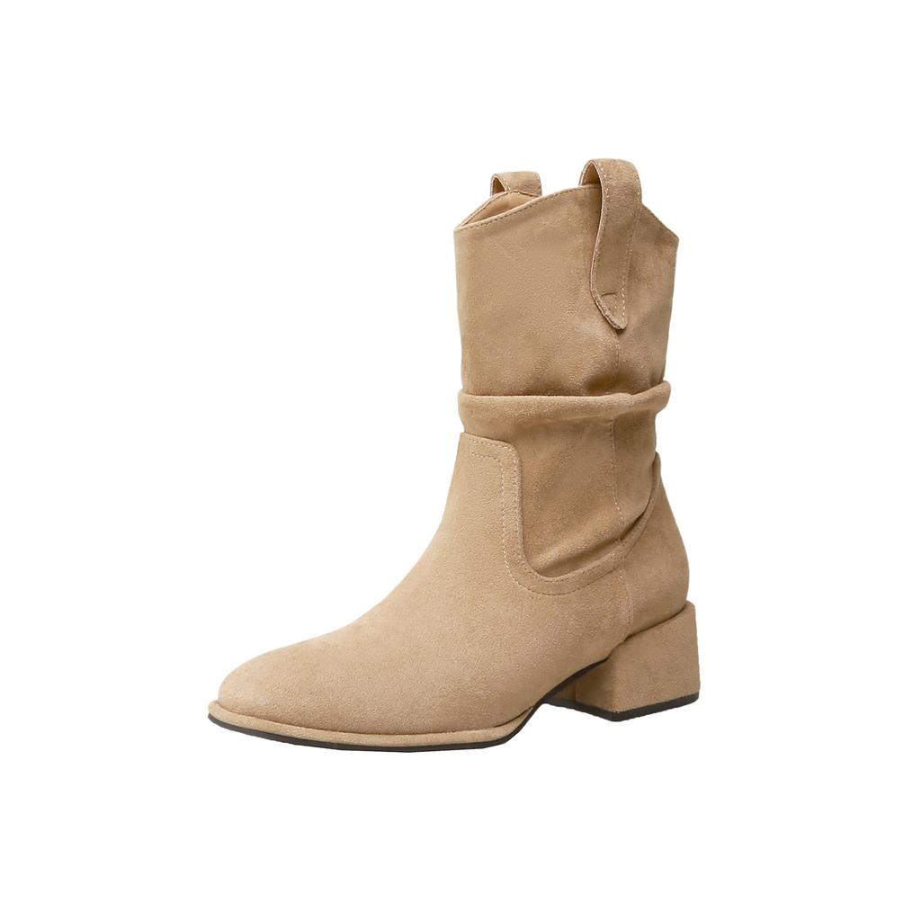 Short Boots Children's Coarse Heel Medium Tube Pile Boots Autumn and Winter New Shoes Maillard Western Cowboy Martin Boots