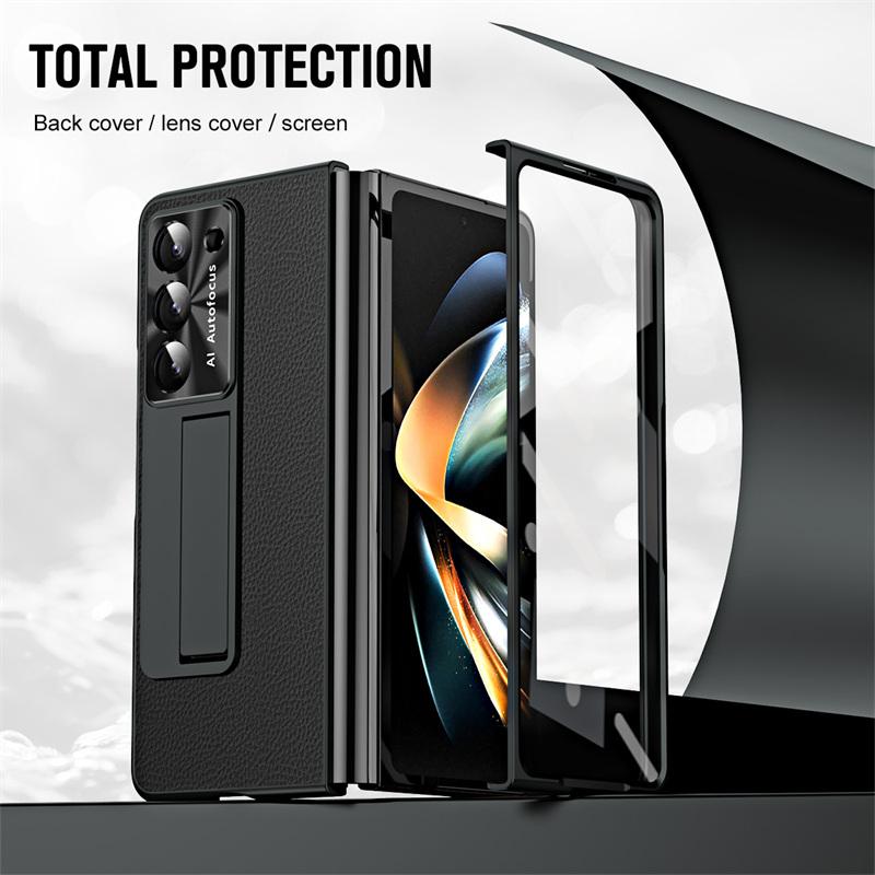 Luxury Plating Leather Lens Protection Kickstand Full Protect Case for Samsung Galaxy Z Fold 8 Ultra 6 5 4 3 With Tempered Glass