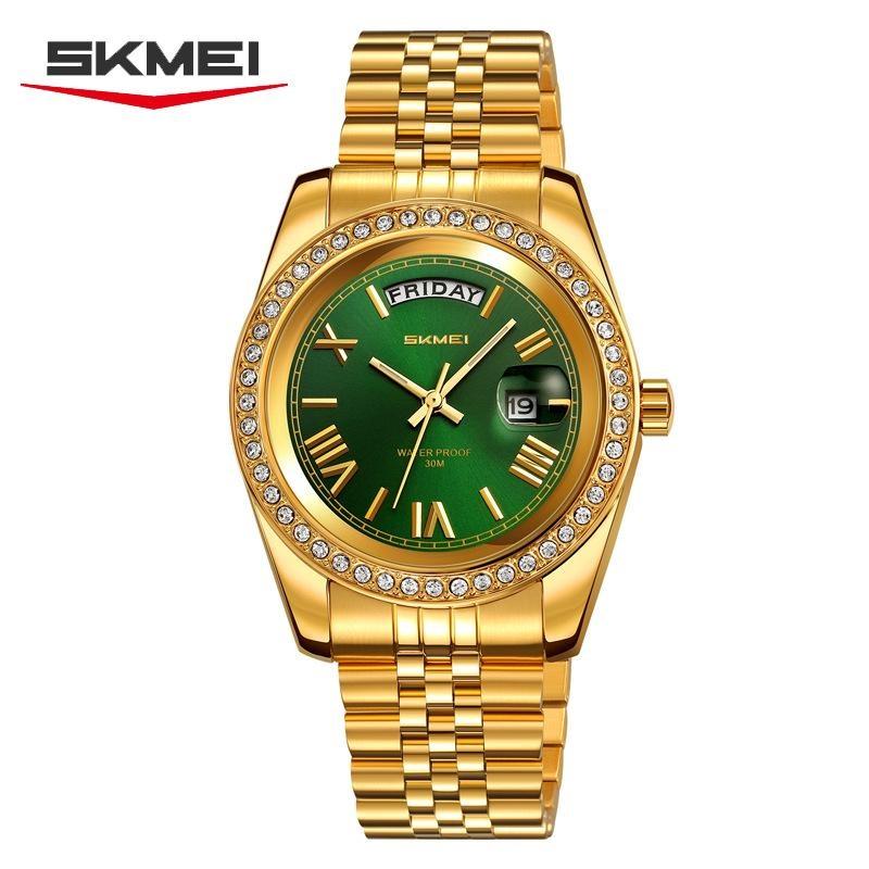 Mens Analog Quartz Watch Diamond Encrusted Bezel Day & Date Display Waterproof Stainless Steel Band