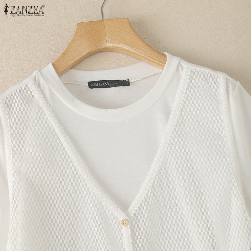 ZANZEA Women Casual Round Neck Loose Patchwork Short Sleeve T-Shirts