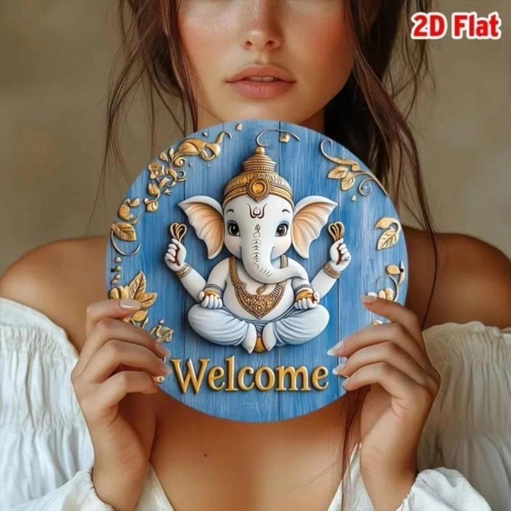 Vintage Ganesha Tin Art Wall Decor 2D Gold Design Hindu Home Office Welcome Sign Gift