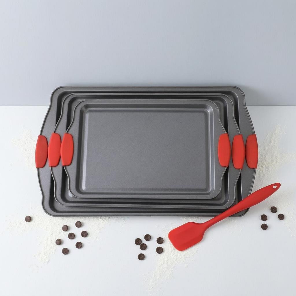 3 Pieces Rectangular Cooking Tray Red Silicone Handles Nonstick Thickened Carbon Steel