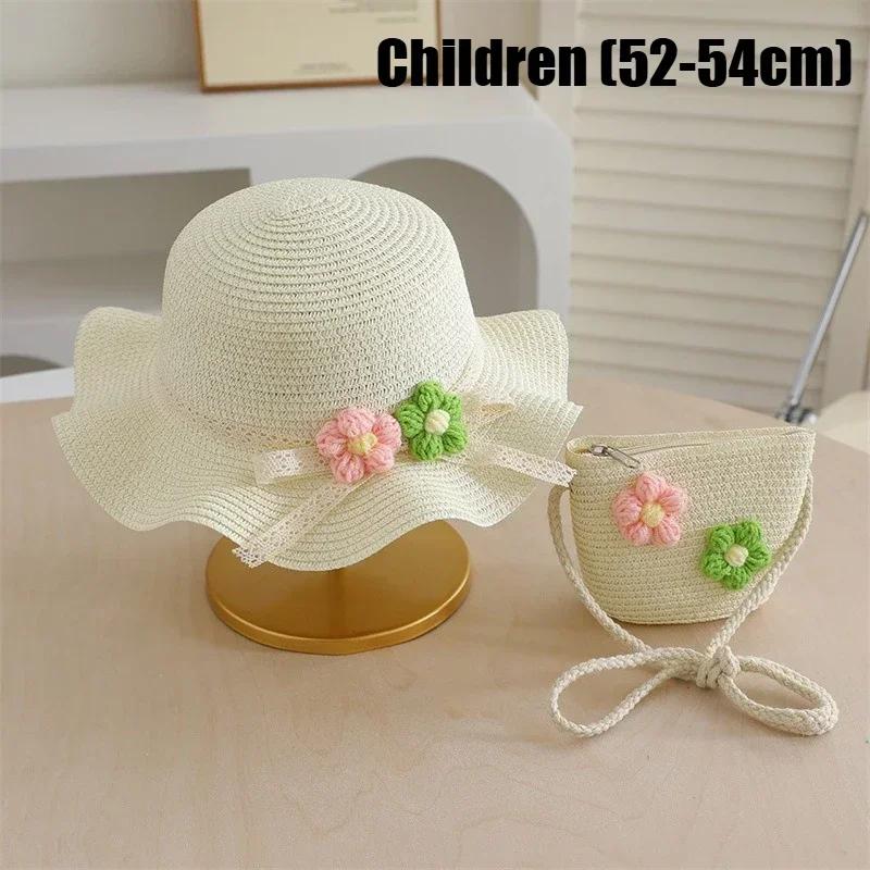 Summer Straw Hat and Bag Set for Girls 3D Flower Lace Bow Wide Brim Fisherman Cap and Crossbody Bag Cute Children's Sun Hat