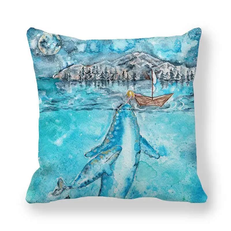 Watercolor Whale Polyester Throw Pillow Cover Sofa Bedside Cushion Pillowcase Ocean Blue Sea Fish Decorative Pillowcases 45X45Cm