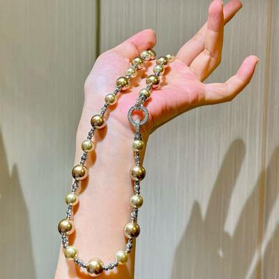Collana Champagne Perla Tono Argento con Chiusura a Moschettone OT Pavé di Cristallo