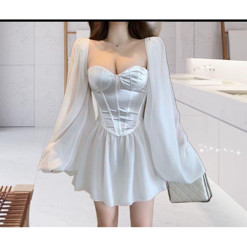 Internet Celebrity French Minority Retro Puff Sleeve Drawstring Slim-Fit Elegant Sexy High Waist Chiffon Women Dress