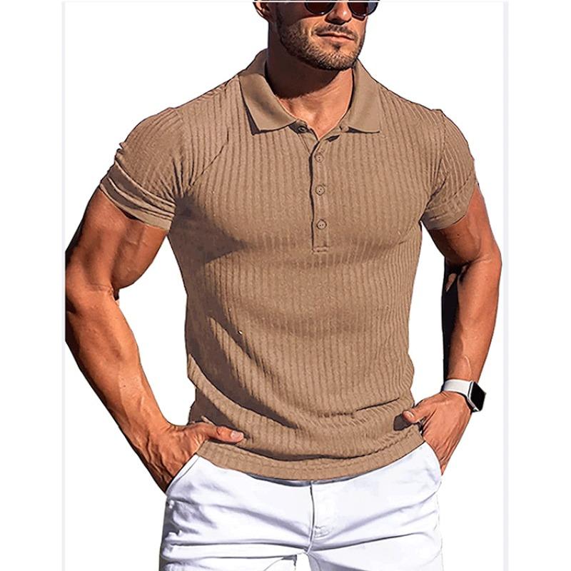 Men's Running Fitness Clothing Summer High Elasticity Vertical Stripe Short Sleeved Polo Shirt Slim Fit Knitted Base T Shirt