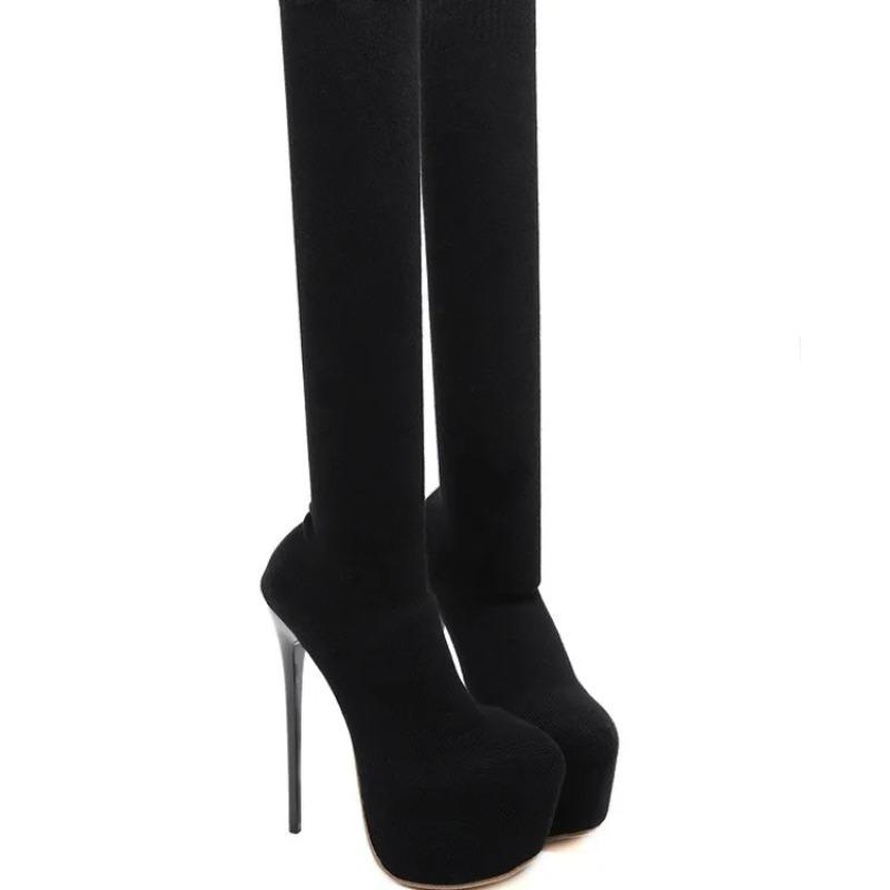 High-End Neuer Trend Hoher Absatz 16cm Overknee Strumpfstiefel für Damen Schwarz Strick Rund Zehen Oberschenkelhoch Lang Damen Stiefel