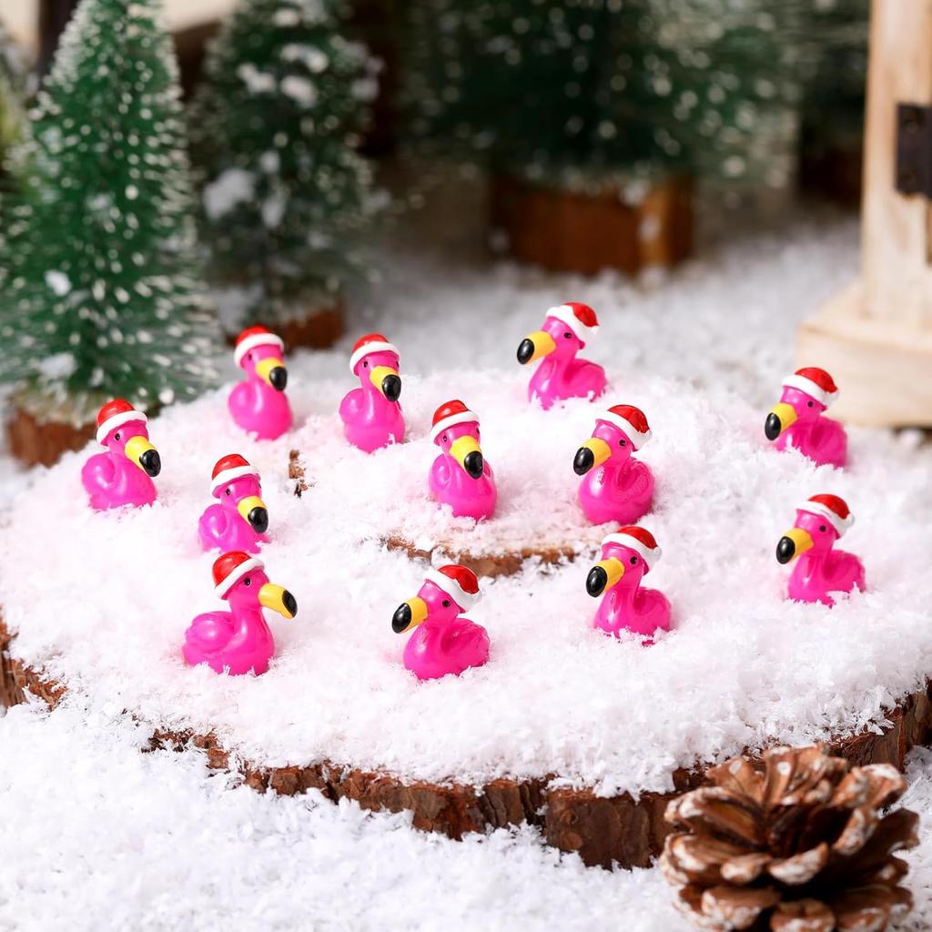 10/20PCS Mini Resin Hot Pink Flamingo with Santa Hat Christmas Xmas Ornaments For DIY Fairy Garden Home Holiday Party Decor Gift