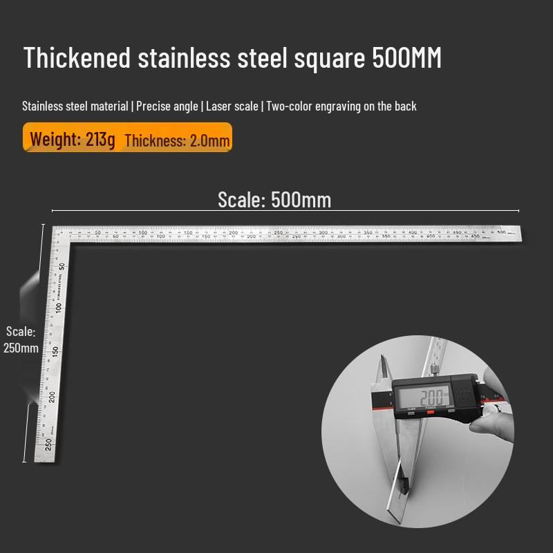 High-Quality Stainless Steel Multi-Functional L-Square Ruler, 300mm & 500mm, for Woodworking and Angled Measurements.