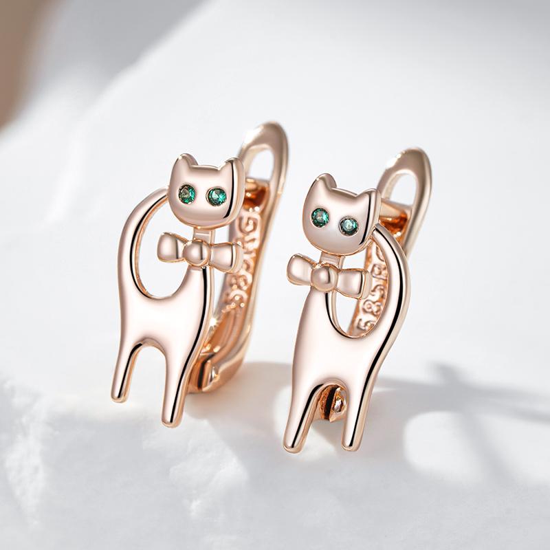Luxury Cute Cat Earrings For Girls  Rose Gold Color Natural Zircon Accessories Children Baby Xmas Gifts Animal Jewelry