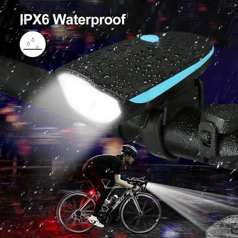 Wiederaufladbares USB-Fahrradscheinwerfer mit Hupe Wasserdichtes LED-Frontlicht für Mountainbike-Straßenfahrrad Nachtfahrradsicherheit
