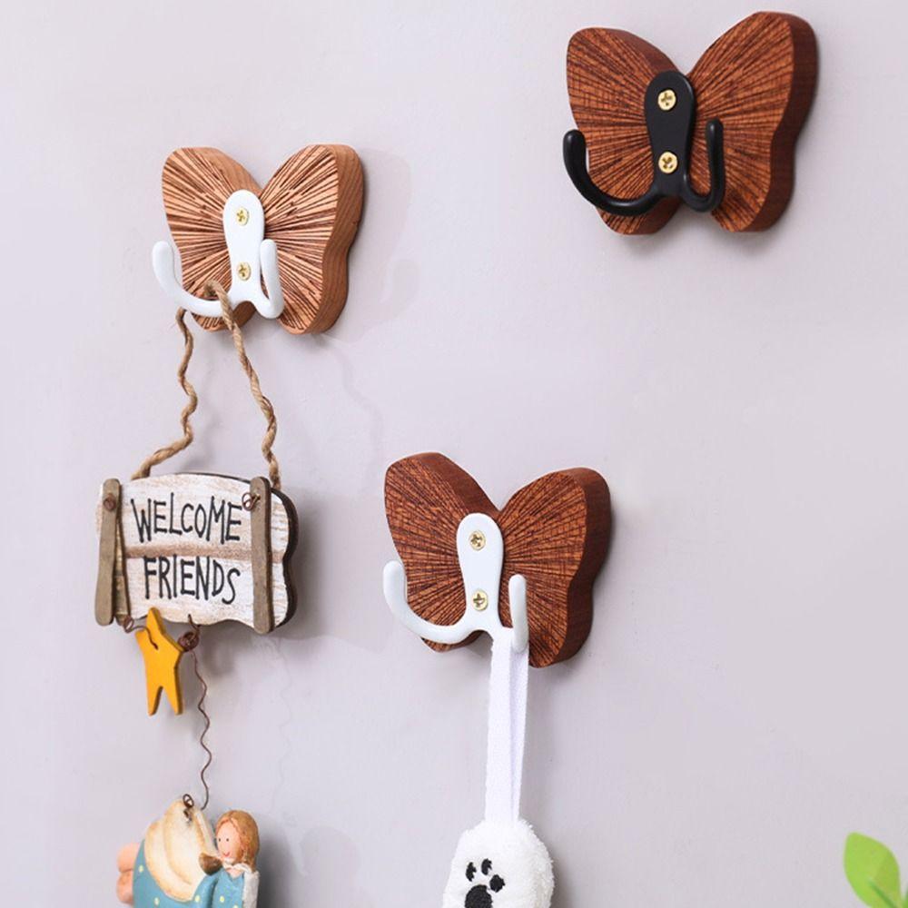 Double Hook Wood Butterfly Hook Thicken Hanging Key Holder Wall Storage Rack  Bedroom Organization