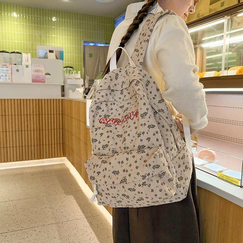 Women's Floral Print Backpack Corduroy Student School Bag Campus Large Capacity Backpack