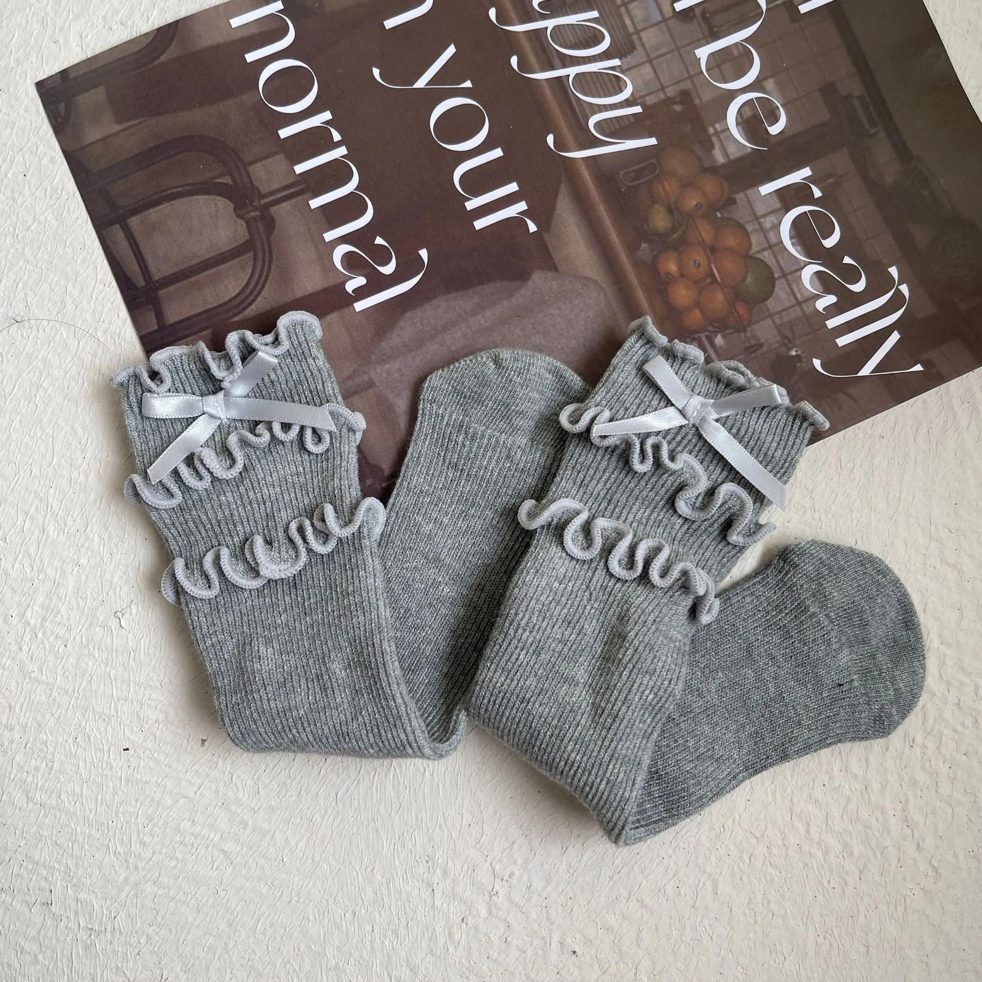 

1 пара шикарных осенних носков для девочек из телячьей шерсти, корейские модные носки с оборками и бантом для детей, мягкие хлопковые школьные носки, одежда, аксессуары