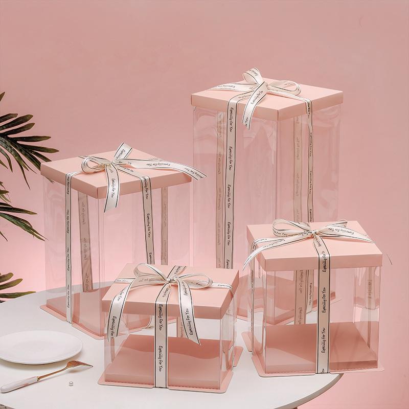 Exquisite Transparent Square Cake Box with Heightened Lid for Birthdays & Gifts - Fluid Bear Design