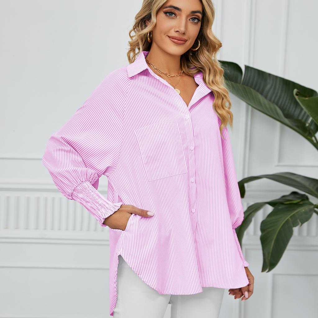 YYFS Damenmode Casual Frühling Herbst Streifendruck Langarm Polokragen Blusen & Hemden