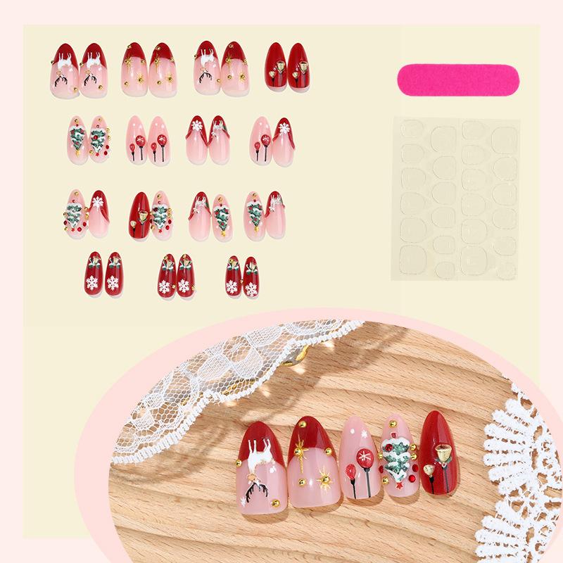 

Рождественские накладные ногти средней длины миндалевидной формы с дизайном, многоразовые накладные ногти, накладные ногти, полное покрытие, акриловые самоклеящиеся ногти, наклейки для ногтей для женщин